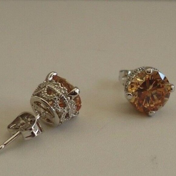 925 STERLING SILVER CHAMPAGNE STUD EARRINGS SIMULATED CHAMPAGNE DIAMONDS/8MM - Picture 9 of 10